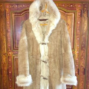 Shearling Leather Winter Hooded Toggle Coat M